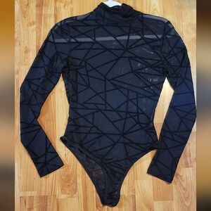 Black Geometric Long Sleeve Sheer Bodysuit